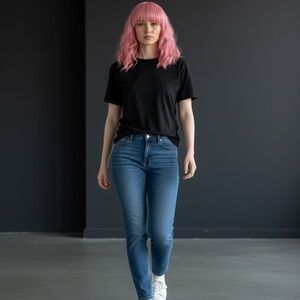 Pink wavy wig with bangs shoulder length made from synthetic fibers